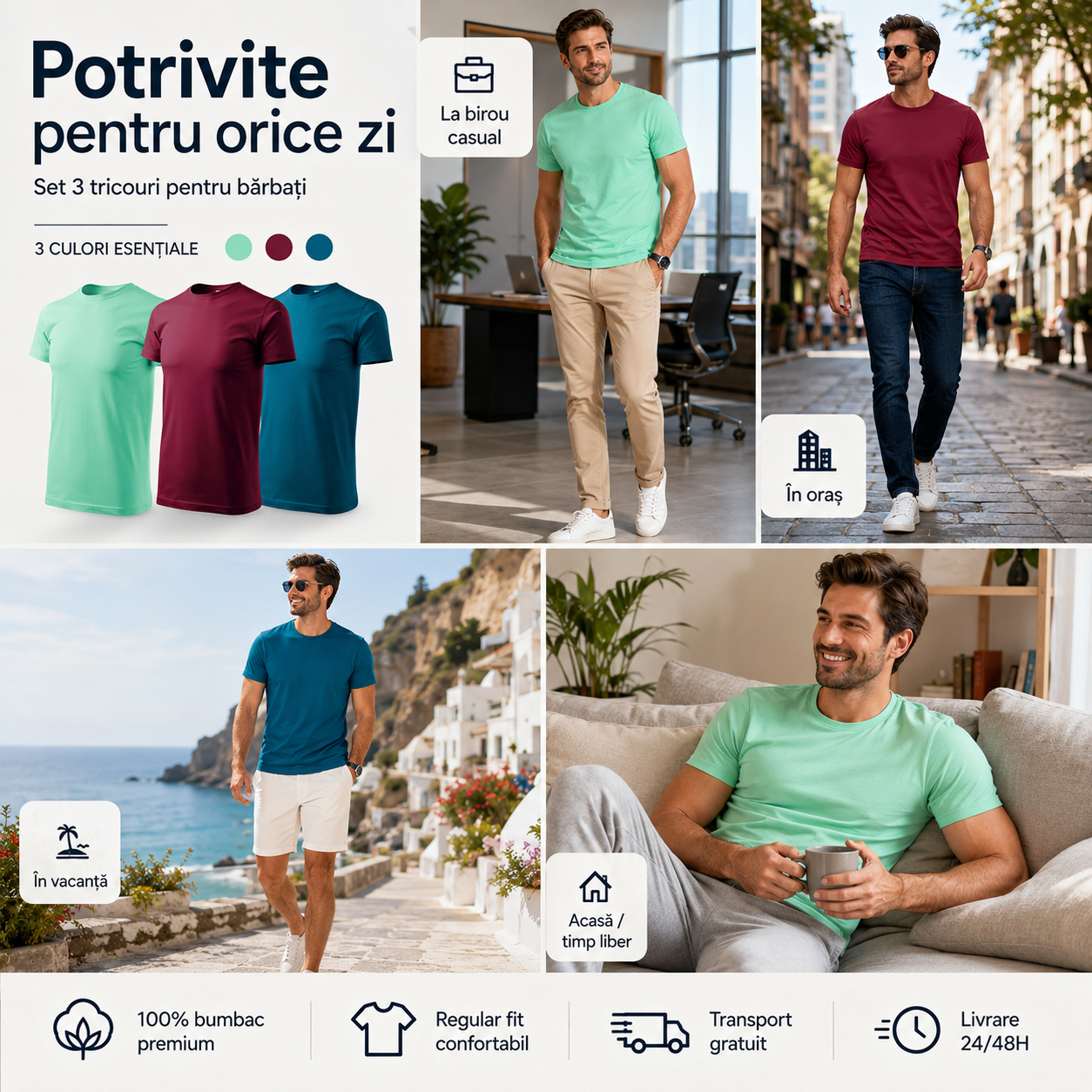 Tricouri bărbați albastru petrol vișiniu și verde mentă din bumbac 100% pentru ținute casual